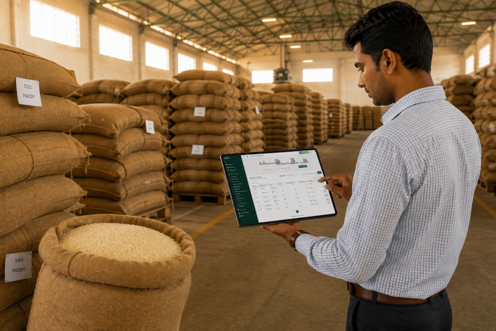 Rice mill worker checking godown stock levels on a tablet next to stacked bardana bags